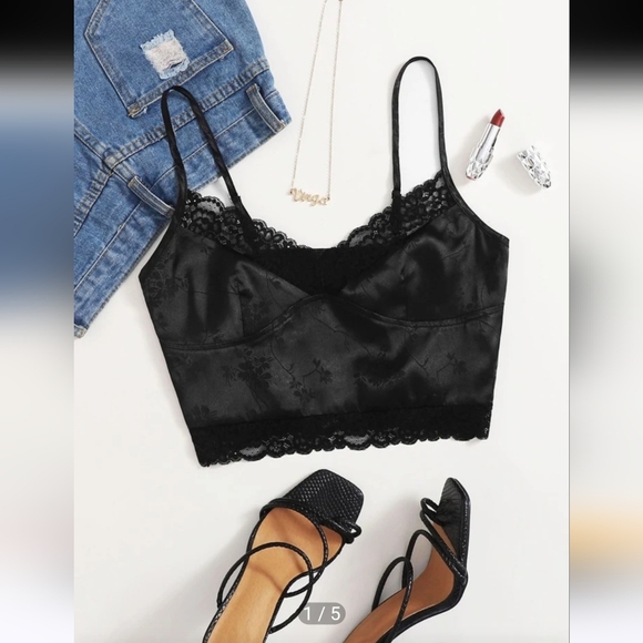 SHEIN Tops - Shein Women's S Jacquard Lace Trim Cami Top Black